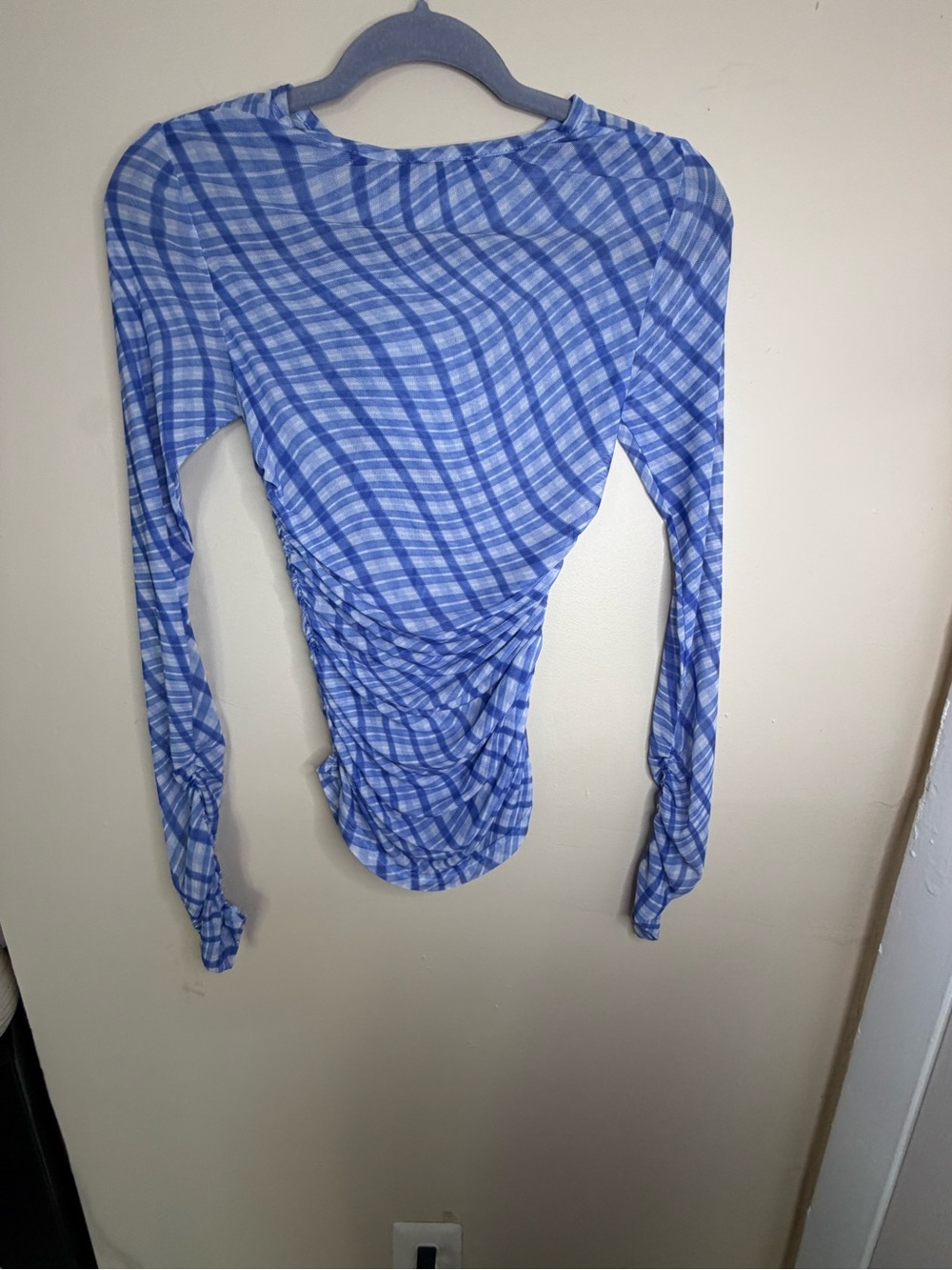 Ruby Rd. Blue Plaid Ruched Long Sleeve Top - Picture 2 of 4